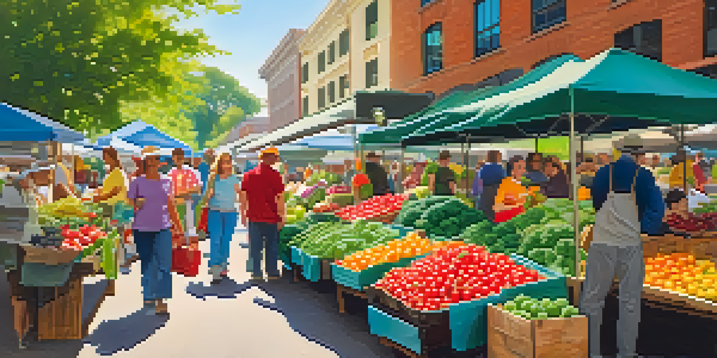 A lively farmer's market filled with colorful organic fruits and vegetables, with sunlight filtering through the leaves.