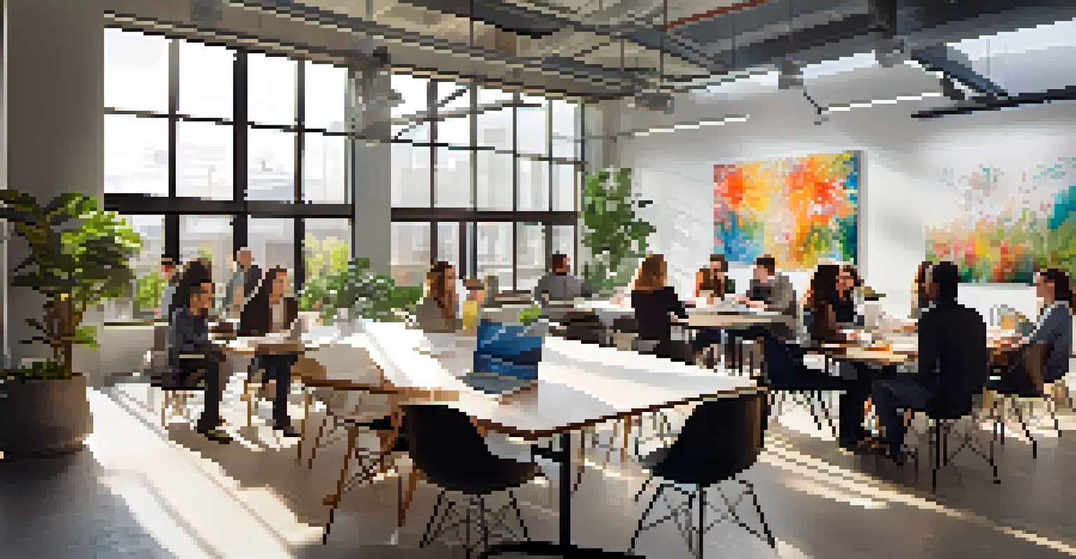 A modern incubator space in Los Angeles with young professionals brainstorming at a table, filled with light and greenery.