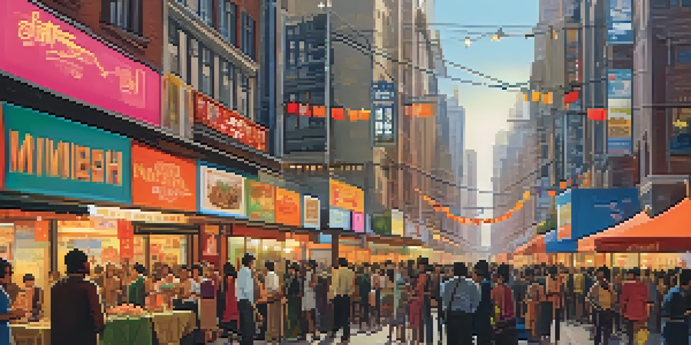 A lively city street during a film festival with colorful banners, diverse people, and warm lights.