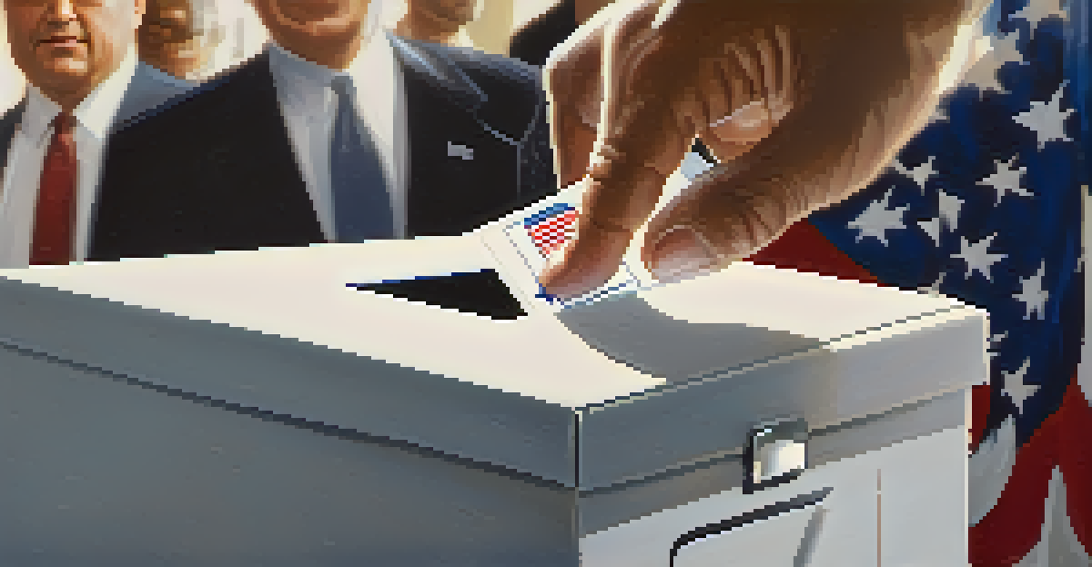 A close-up of a hand placing a ballot in a voting box, highlighting the act of voting.