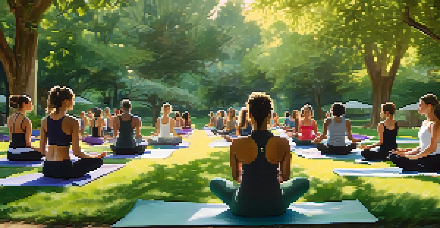 A group of people practicing yoga in a green park surrounded by trees and flowers, with sunlight filtering through the leaves.