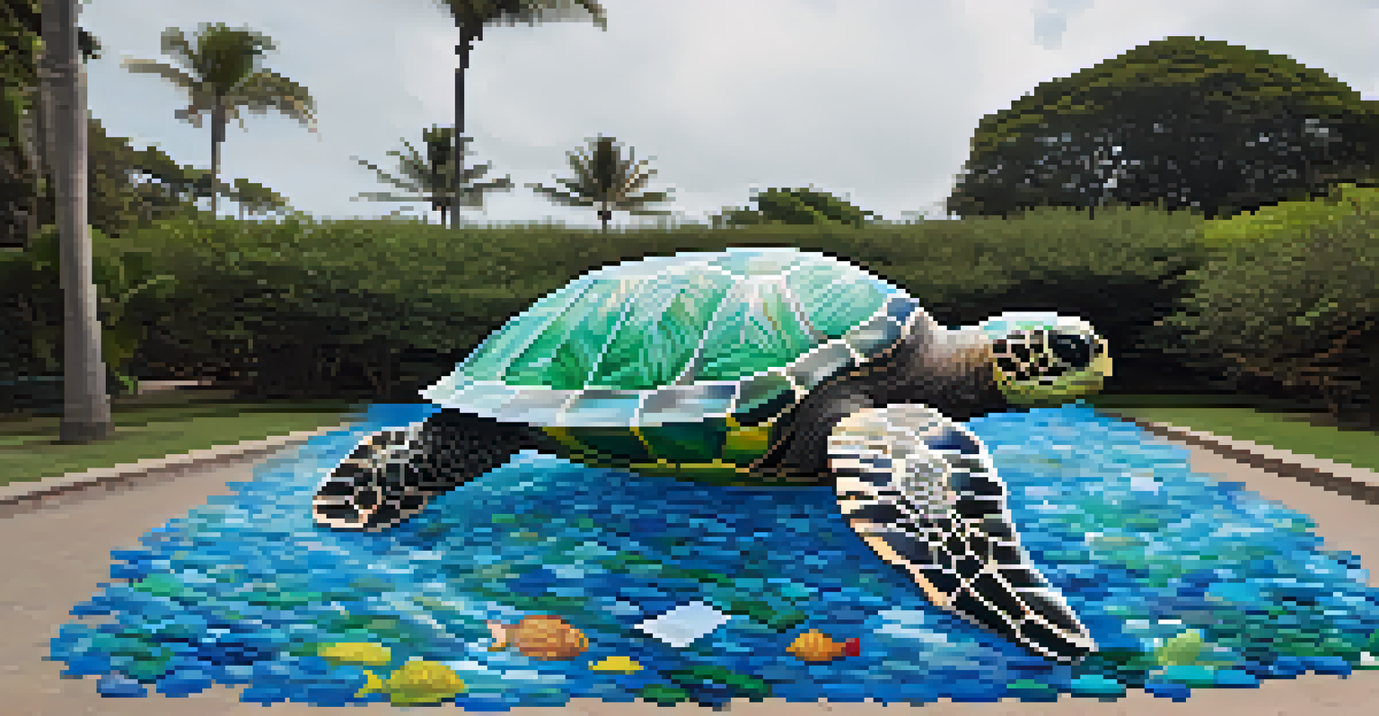 A large art installation of a sea turtle made from recycled plastic bottles, surrounded by green park space.