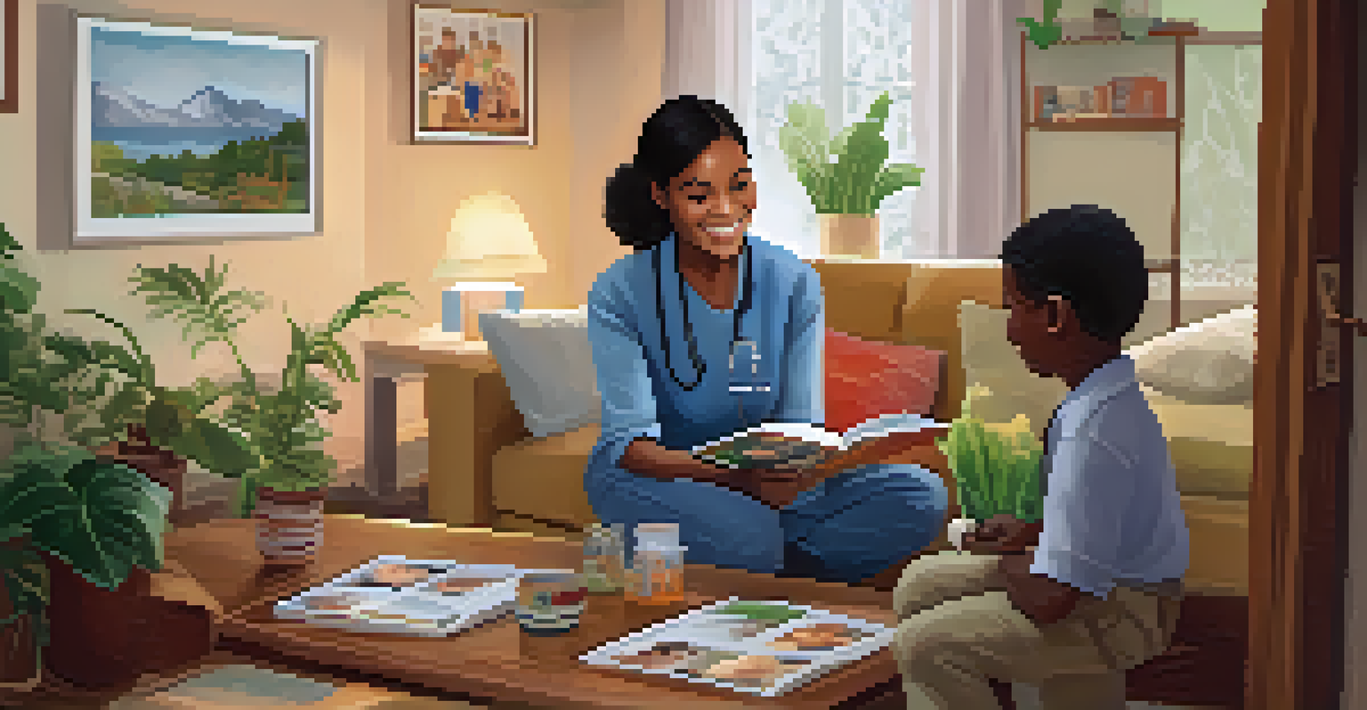 A community health worker discussing health information with a family in their home, showcasing warmth and community support.