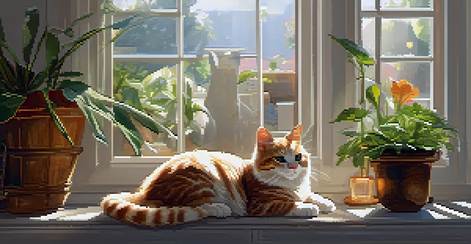 An indoor scene featuring a cat lounging in a sunbeam, surrounded by cozy decor, plants, and pet toys, emphasizing comfort and companionship.