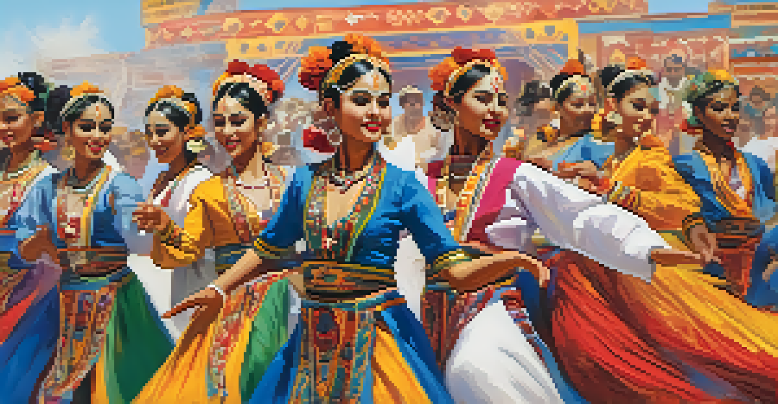 A collage of dancers in traditional attire performing at a festival, highlighting cultural diversity and vibrant colors.