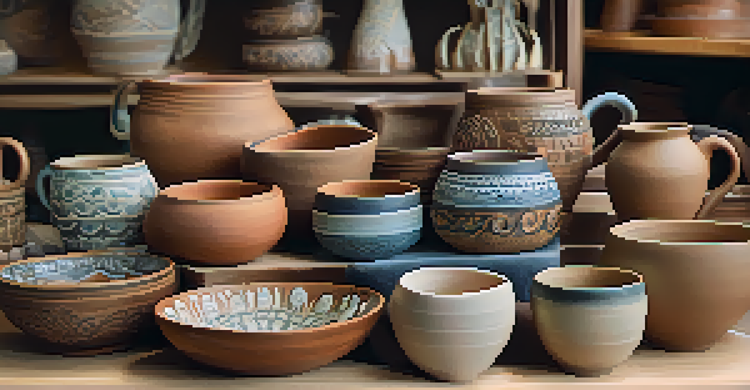 A close-up view of a vendor's table displaying handmade pottery, featuring beautifully crafted mugs and bowls with intricate designs.