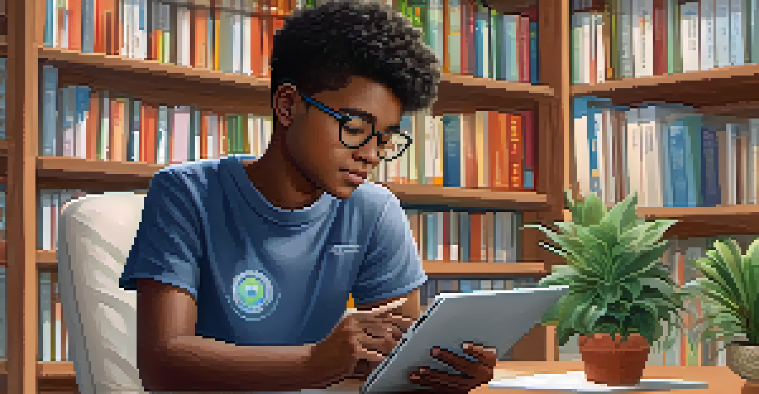 A young person using a tablet to learn about civic education in a cozy room filled with plants and books.