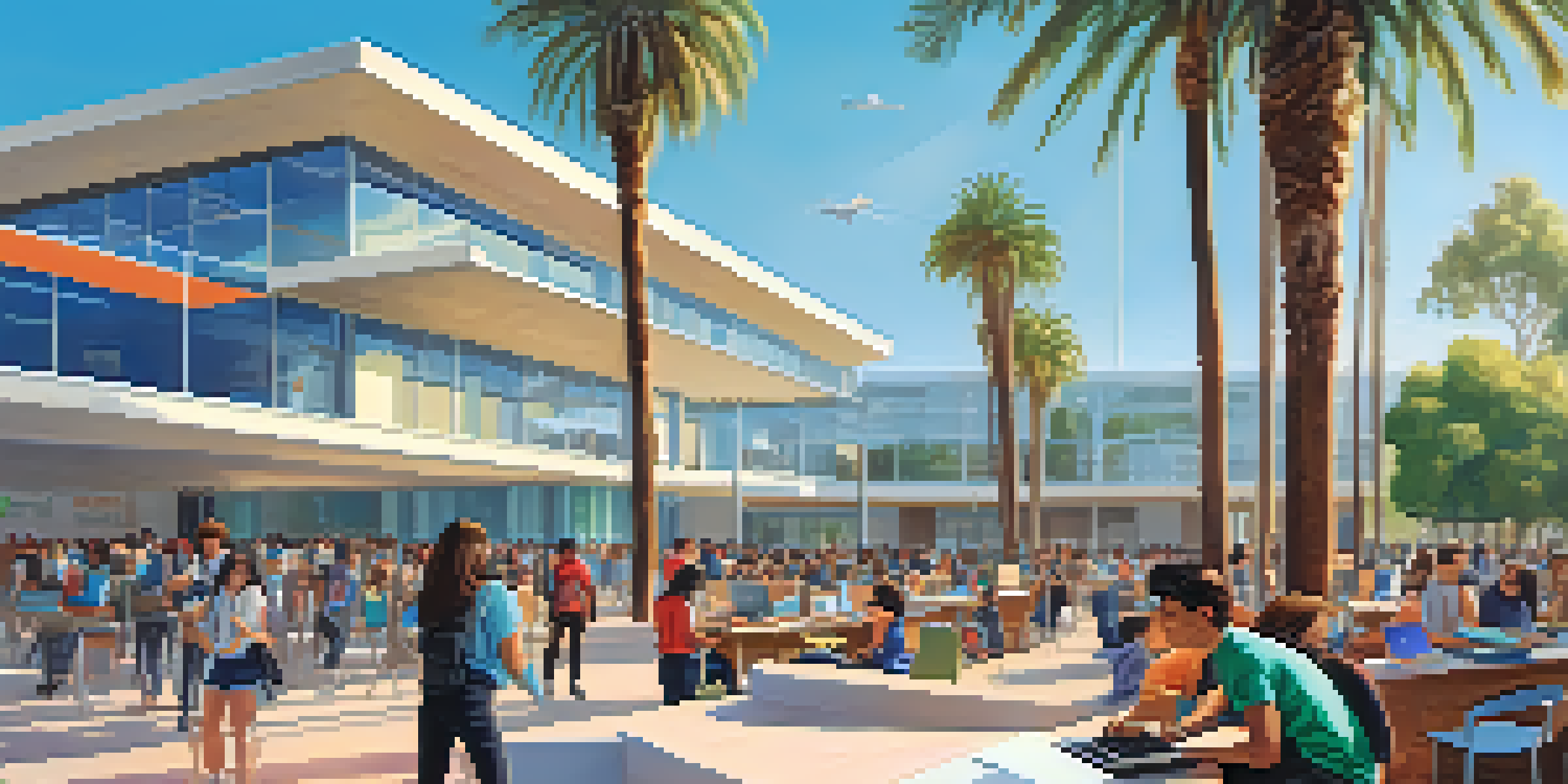 A vibrant Los Angeles tech education campus with diverse students coding on laptops under sunny skies.