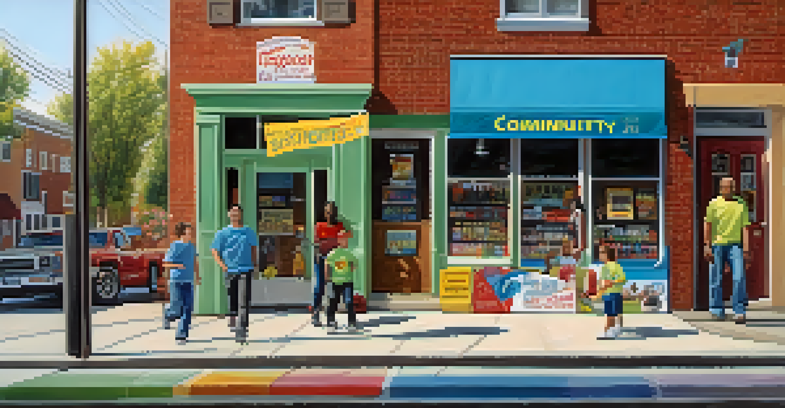 A local business owner displaying a sponsorship banner for a sports team outside their shop, with community members walking by and children playing in the background.