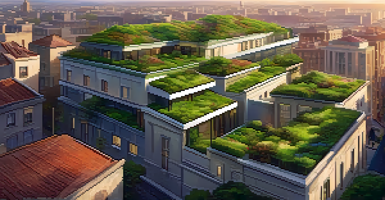 Aerial view of a city with various green roofs and traditional buildings, illuminated by sunset.