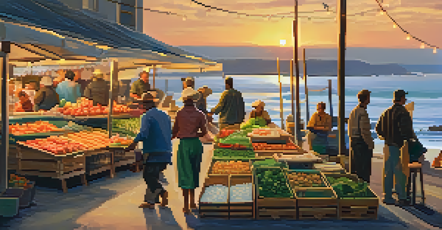 A Coastal Farmers' Market at sunset with fresh seafood and vegetables, with ocean waves in the background.