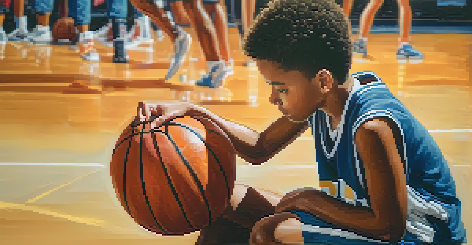 A young athlete focused on tying shoelaces on a basketball court, with teammates in the background and vibrant colors.