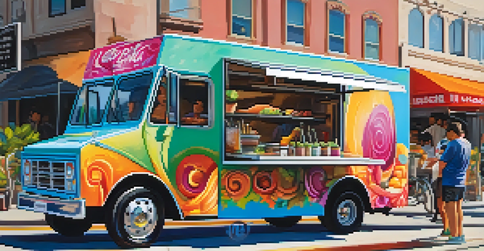 A lively food truck in Los Angeles offering fusion dishes with a diverse crowd around it.