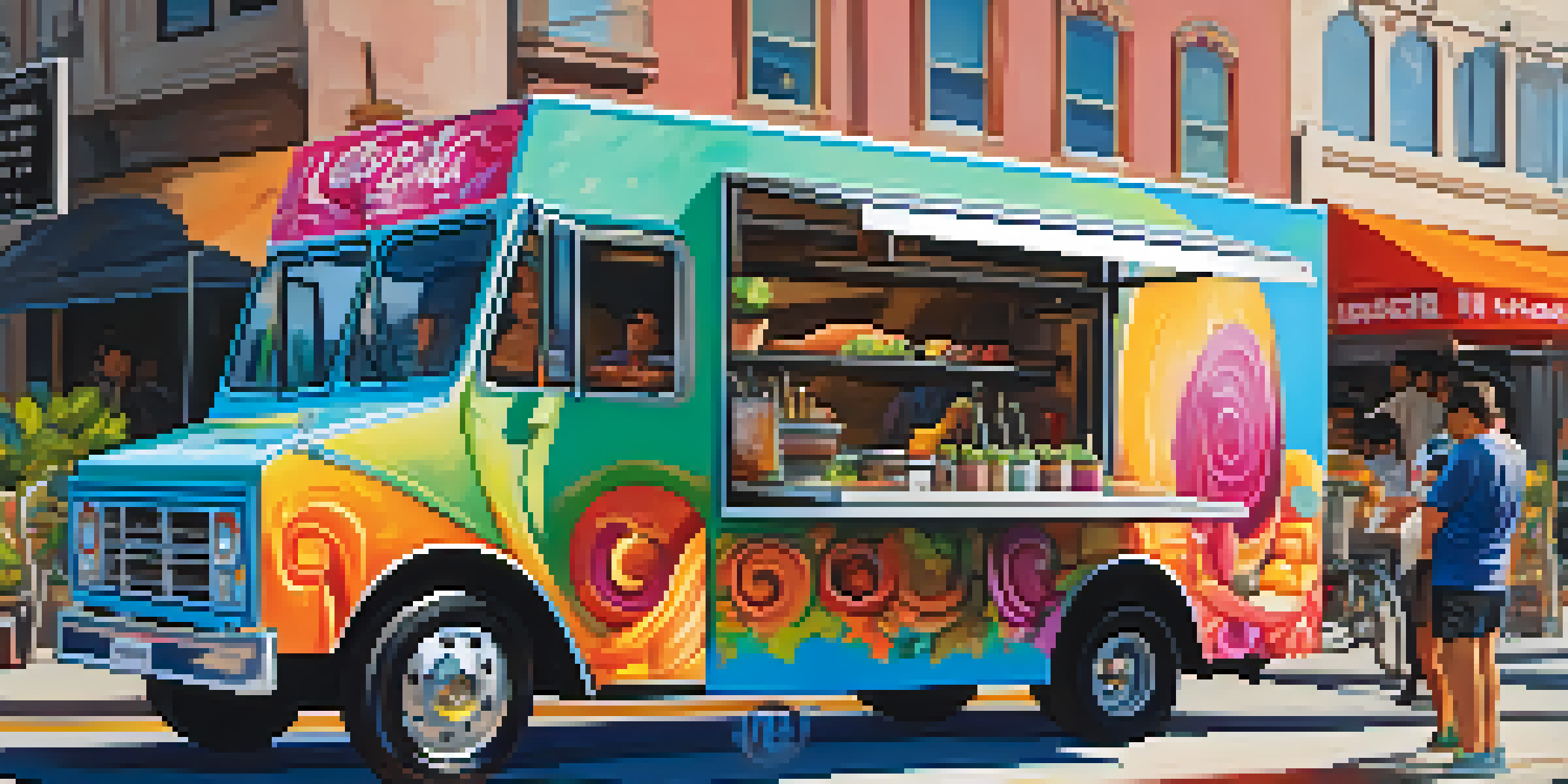 A lively food truck in Los Angeles offering fusion dishes with a diverse crowd around it.