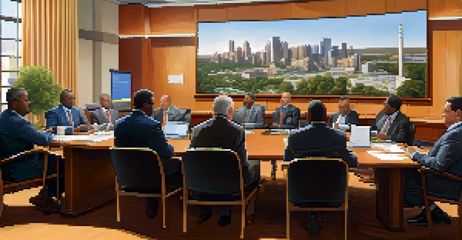 Local officials engaged in a city council meeting, discussing community issues with documents and a screen displaying data.