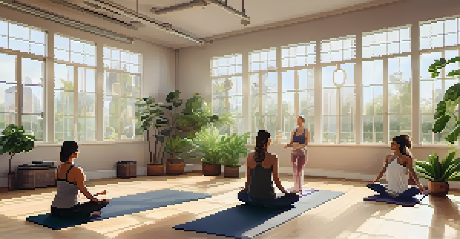 Interior of a boutique fitness studio with participants practicing yoga, surrounded by greenery and natural light.