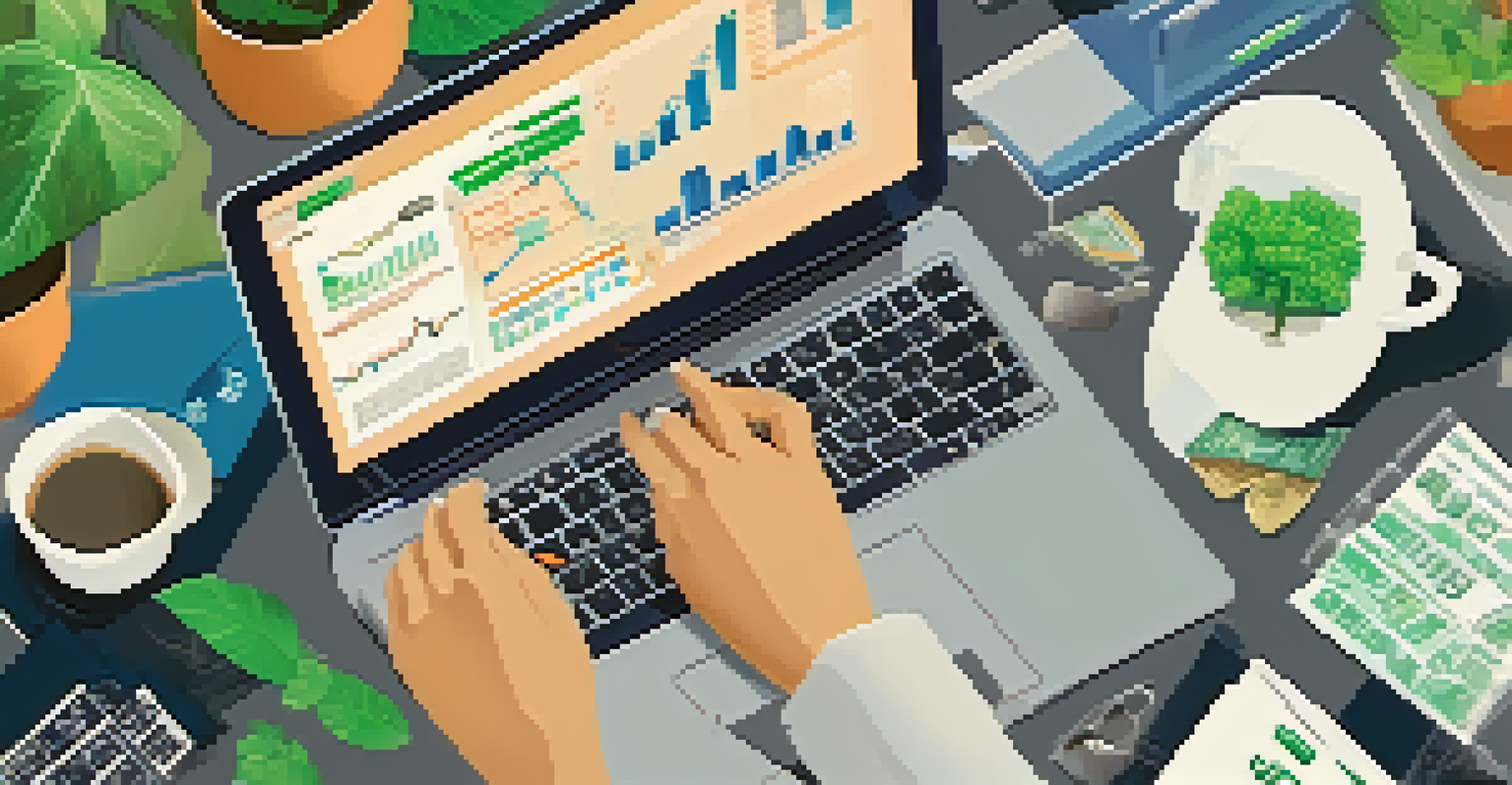 Hands working on a laptop with financial charts and eco-friendly items in the background, representing fintech and sustainability.