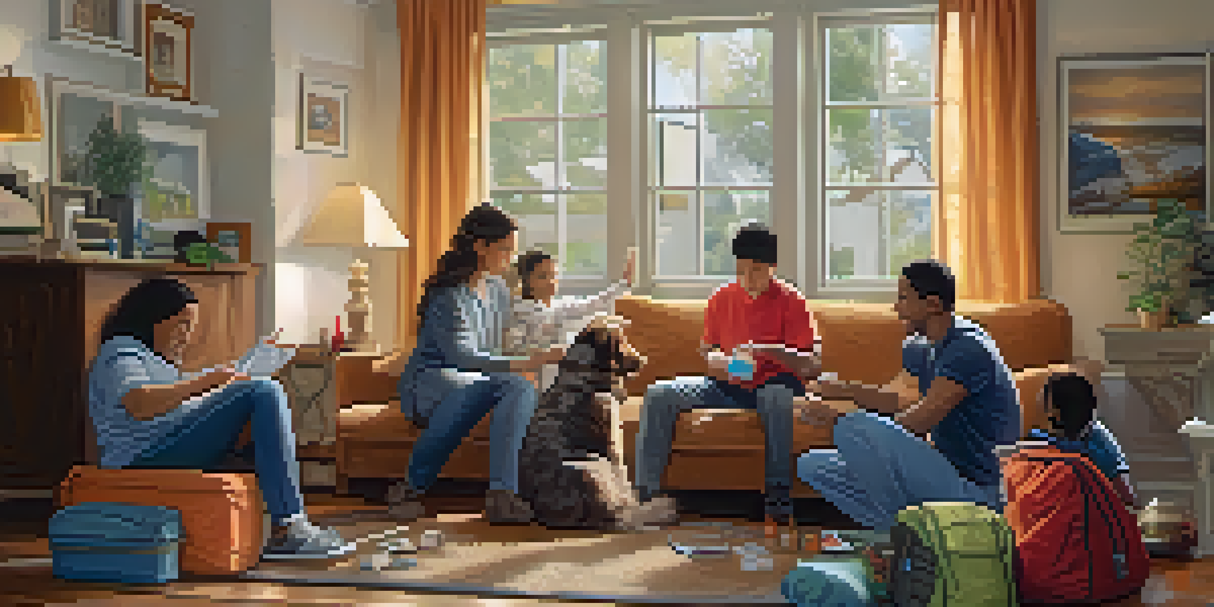 A diverse family in a cozy living room, packing an emergency kit with essential supplies.
