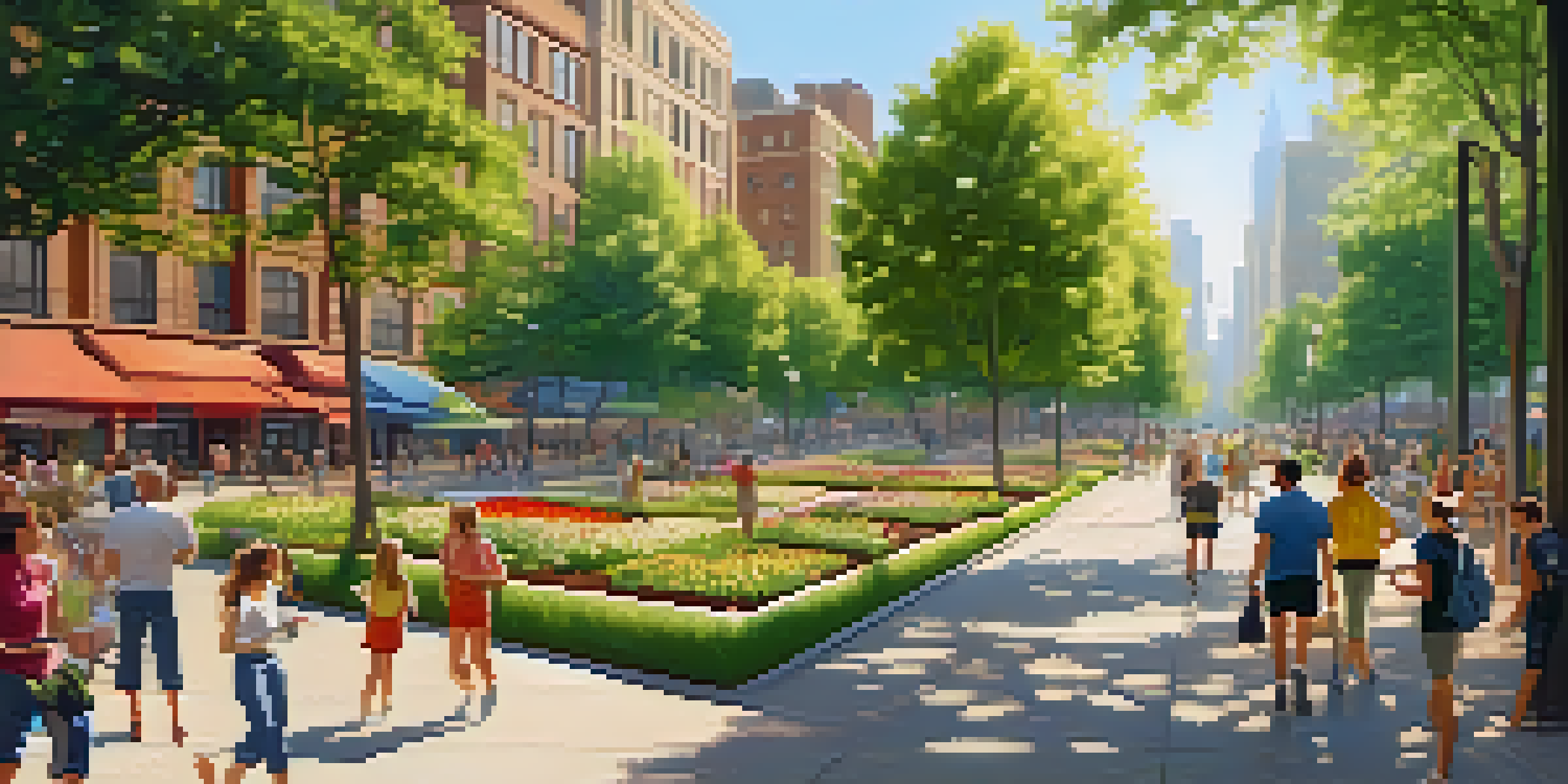 A lively urban park with trees, flowers, and people engaging in various activities under warm sunlight.