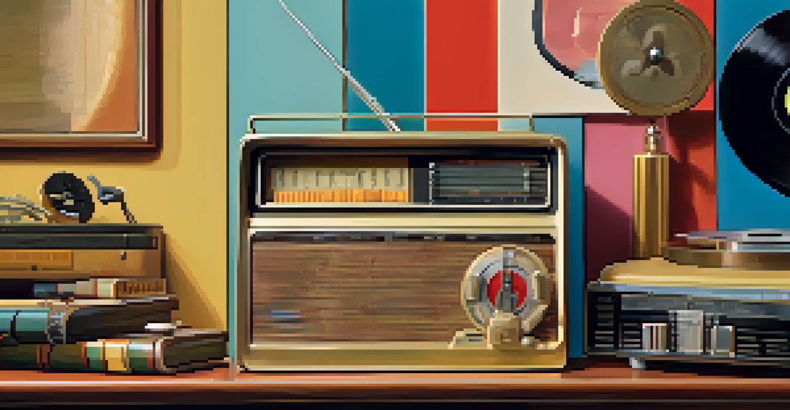 A vintage radio broadcasting 1950s rock 'n' roll music, surrounded by retro items like vinyl records and a jukebox.