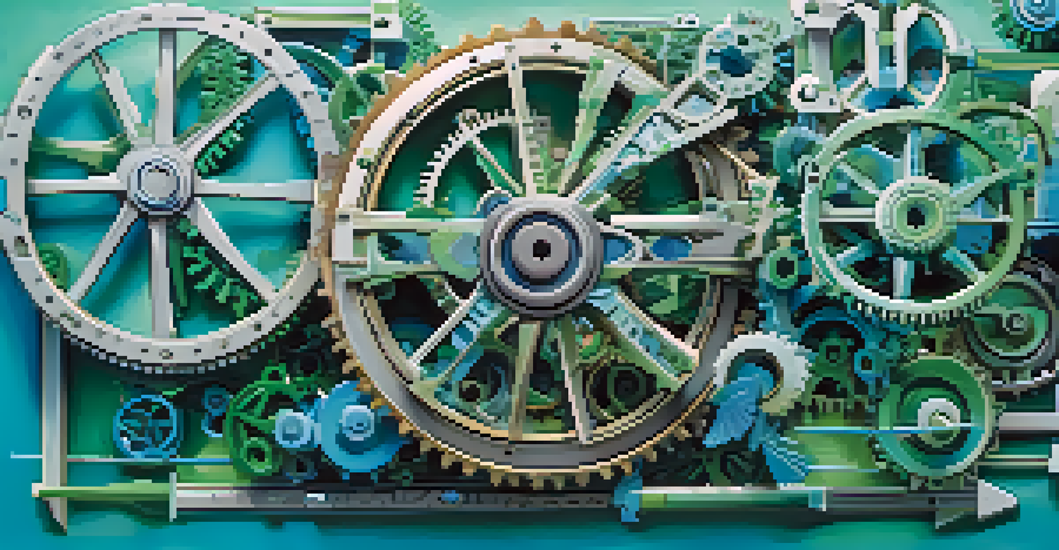 An abstract illustration of interconnected gears and arrows representing a resilient supply chain, in cool blues and greens.