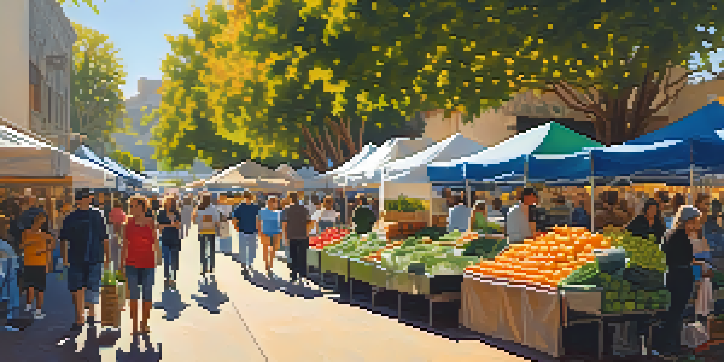 A bustling farmers' market in Los Angeles filled with fresh fruits and vegetables, with people enjoying the sunny day.
