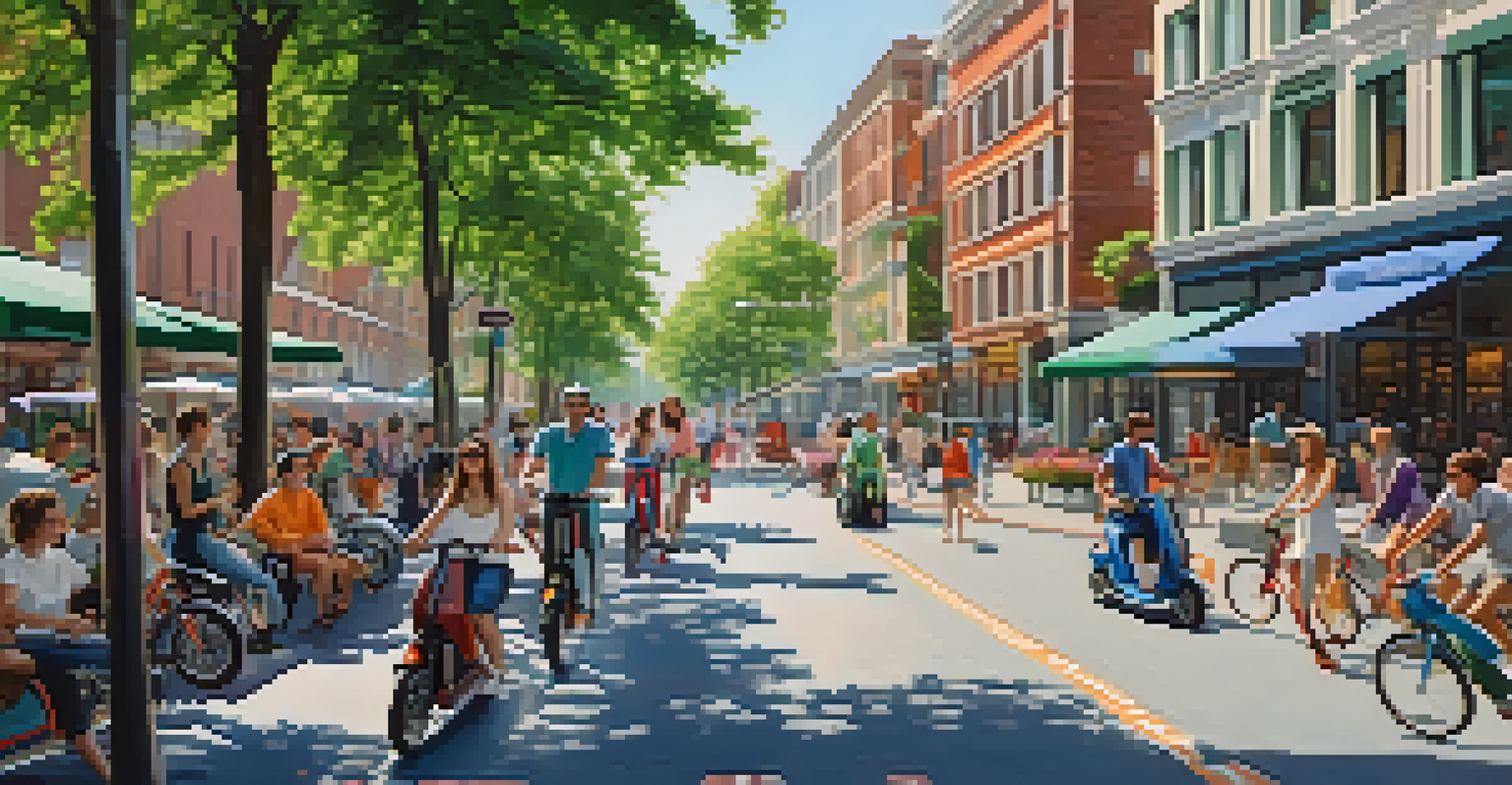 A lively street filled with electric scooters and bicycles, showcasing people commuting in a green urban environment.