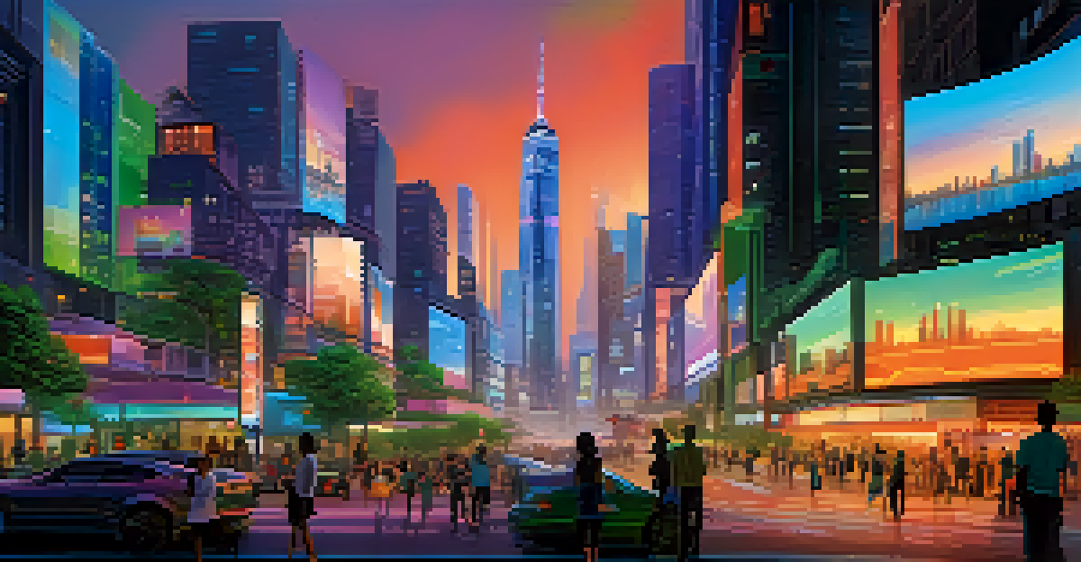 A futuristic city skyline at dusk, illuminated by colorful digital billboards and smart technology, with people in the foreground.