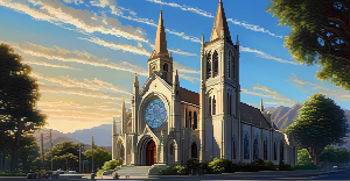 A Gothic Revival church with intricate stained glass and a tall spire under a blue sky, illuminated by the late afternoon sun.