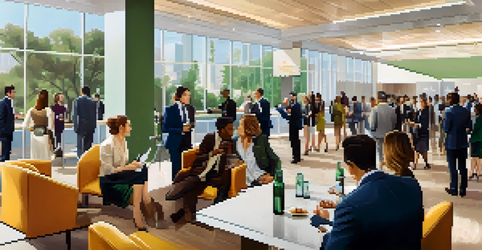 A vibrant networking event in Los Angeles, showcasing diverse professionals interacting in a modern conference hall filled with natural light.