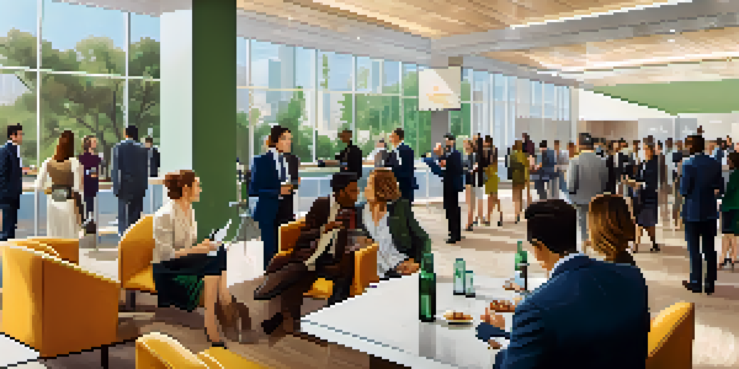 A vibrant networking event in Los Angeles, showcasing diverse professionals interacting in a modern conference hall filled with natural light.