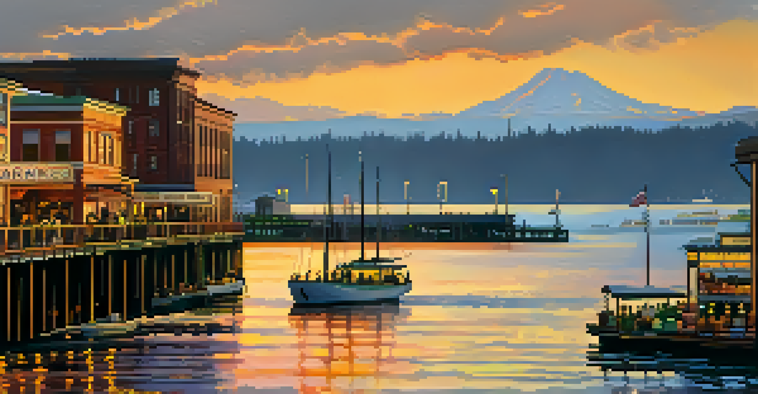 A tranquil sunset view of Elliott Bay from Pike Place Market, with market-goers and iconic landmarks in the foreground.