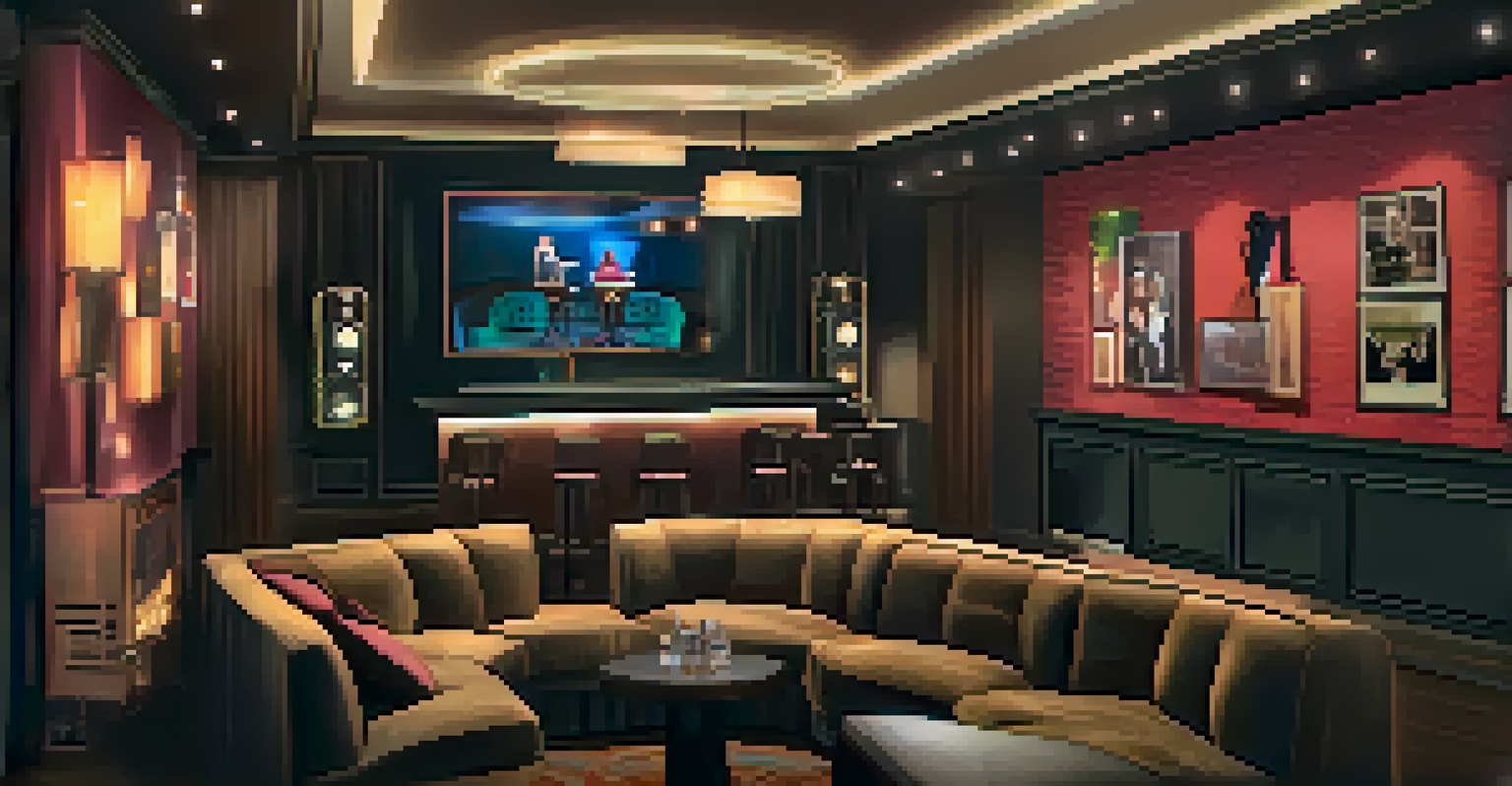 A cozy private karaoke room with friends enjoying drinks and preparing to sing, softly illuminated with warm lighting.