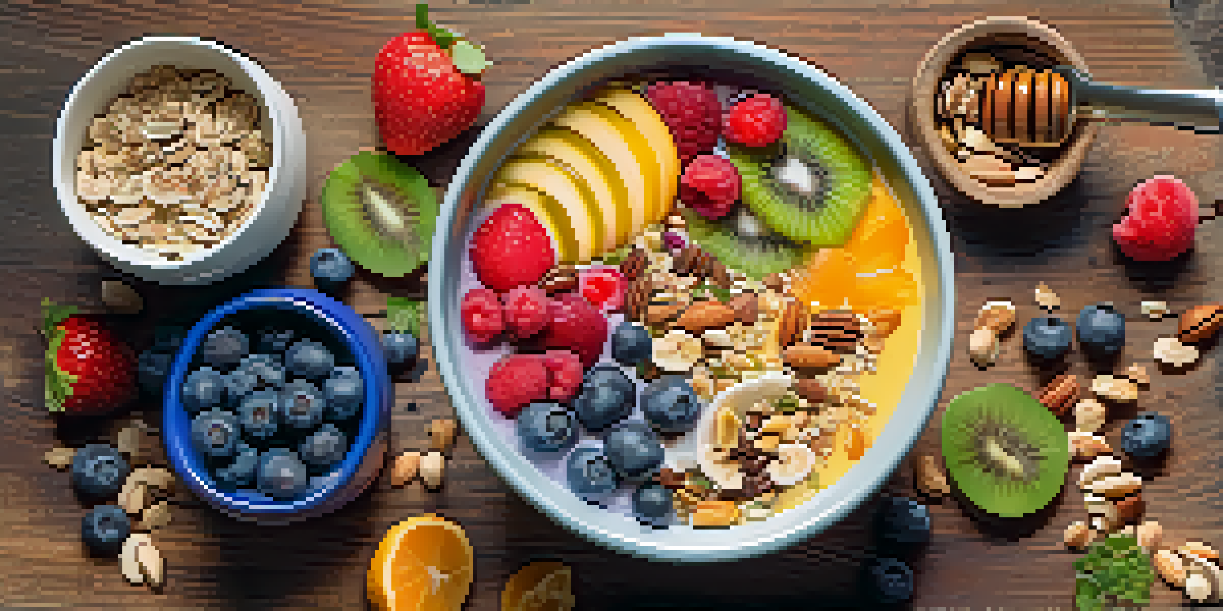 A colorful smoothie bowl with fresh fruits, nuts, and seeds on a rustic wooden table, illuminated by natural sunlight.