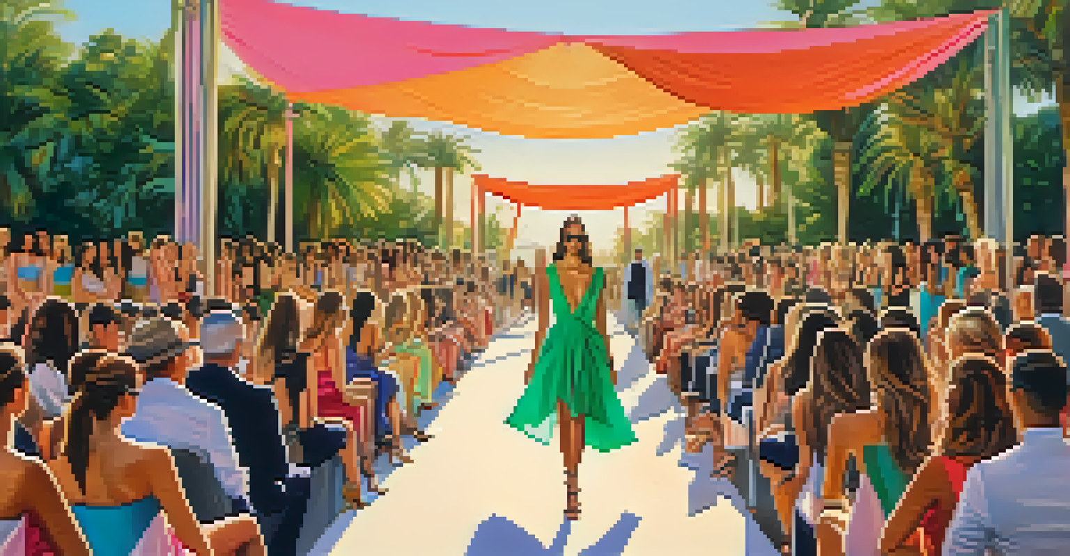 An outdoor fashion show in Los Angeles with models on a runway, colorful outfits, and an engaged audience under a warm evening sun.