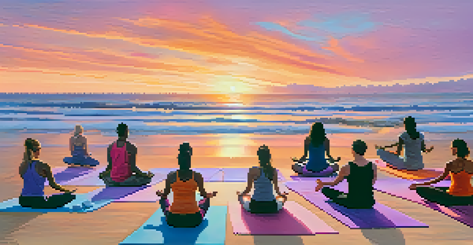 Individuals practicing yoga on a beach during sunset, with colorful mats and a beautiful sky reflecting on the ocean.