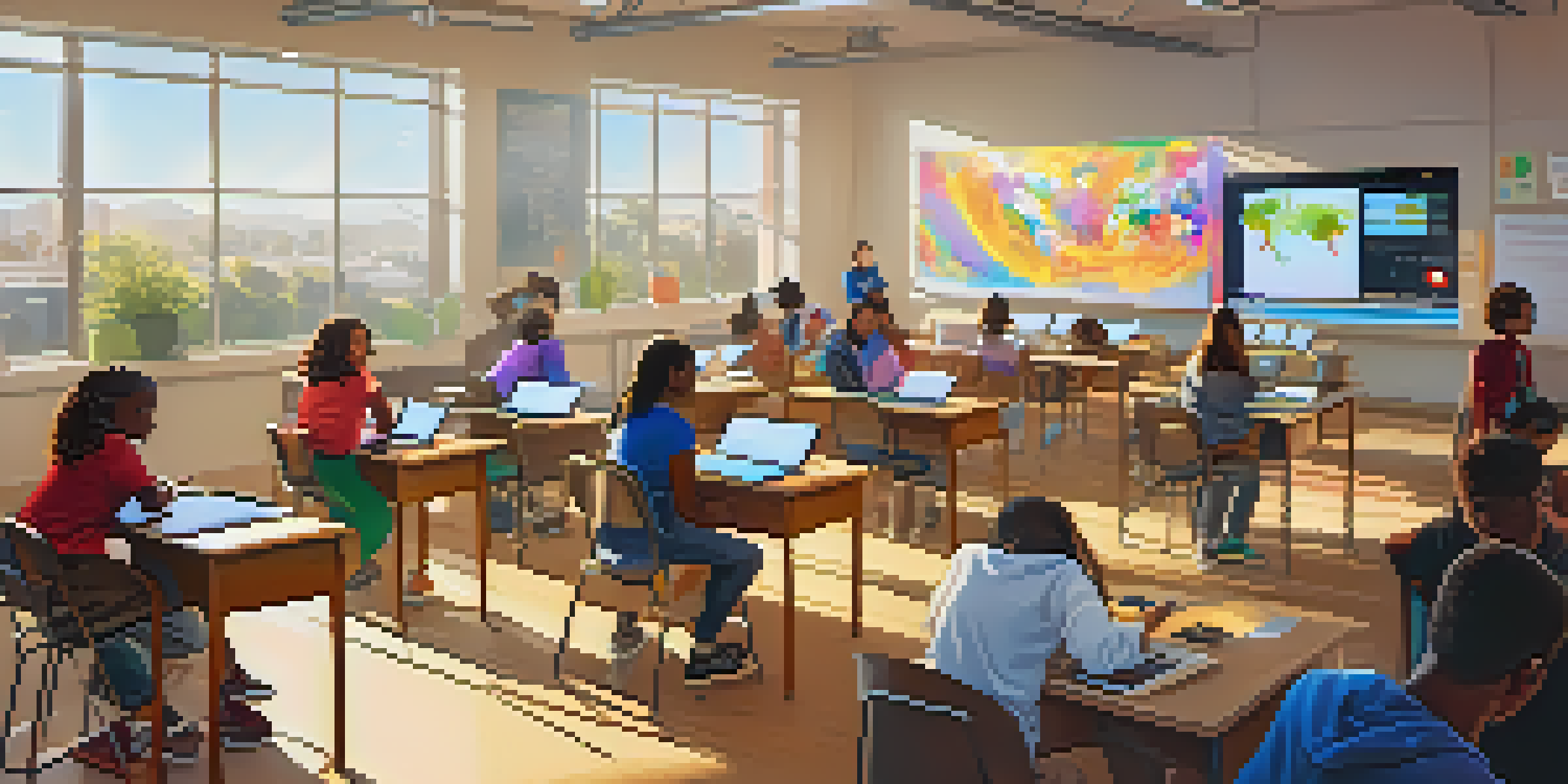 A diverse group of students in a bright classroom engaged in a tech education program with laptops, tablets, and a teacher demonstrating coding.