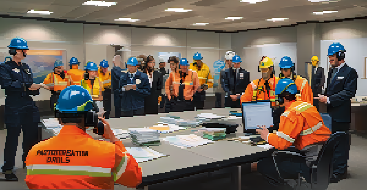 A corporate emergency drill showing professionals responding to a simulated crisis, engaged in communication and document review in a brightly lit space.