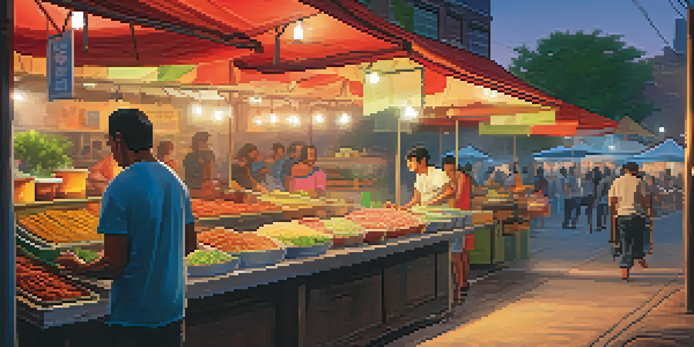 A busy street food market at dusk with colorful stalls and a vendor making tacos, surrounded by bowls of pho and fruits.