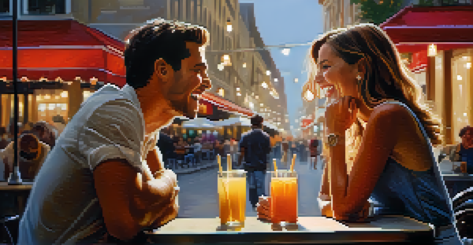A couple laughing together at a café, with warm lights creating an intimate atmosphere.