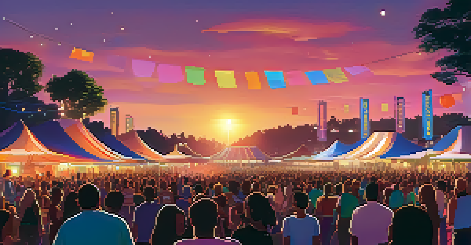 A contemporary local music festival with a colorful stage, diverse crowd, food stalls, and art installations during sunset.