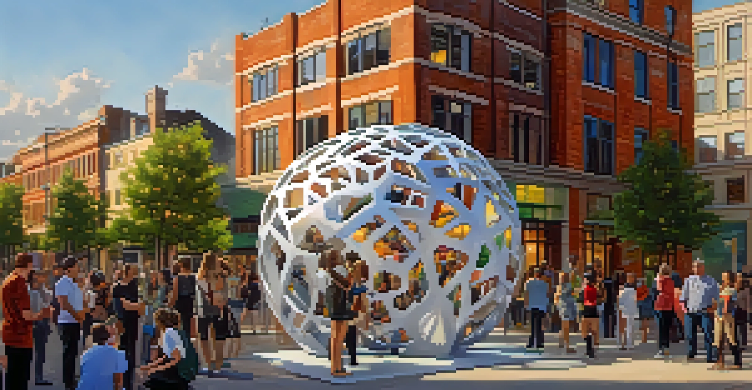 A large sculpture made from recycled materials in an urban area, with people engaging around it during the evening.