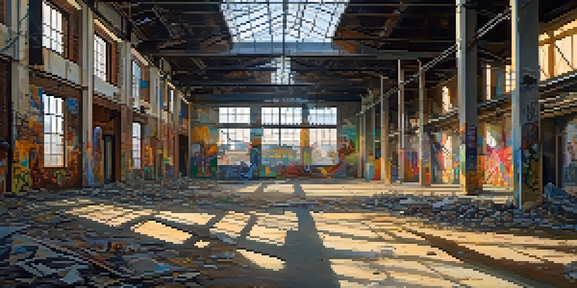 A spacious abandoned warehouse featuring colorful street art, with sunlight streaming through broken windows and shadows on the ground.