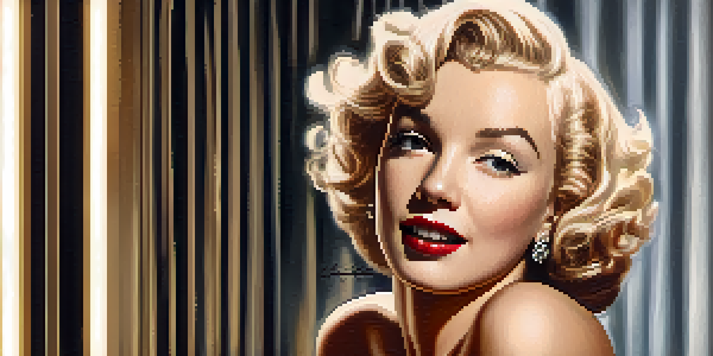 A glamorous portrait of Marilyn Monroe on a vintage Hollywood film set, showcasing her blonde curls and red lipstick against a luxurious backdrop.