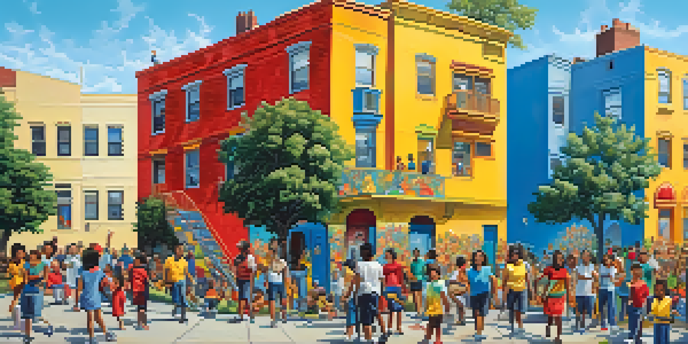 A colorful mural showing people of different backgrounds engaging in community activities in an urban setting.