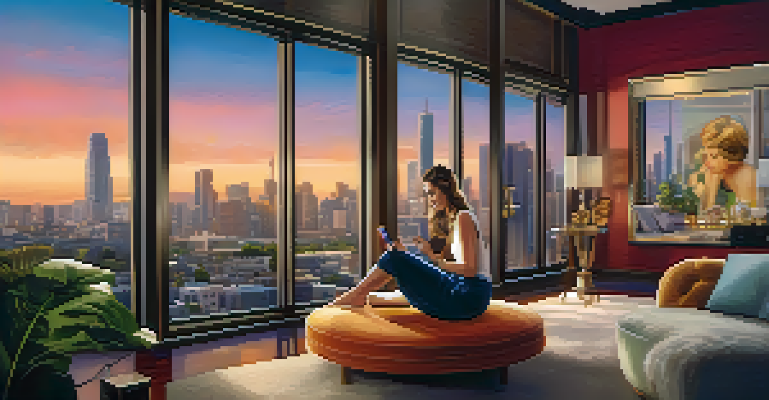 A Hollywood celebrity in a luxurious room using a smartphone with social media icons around them.