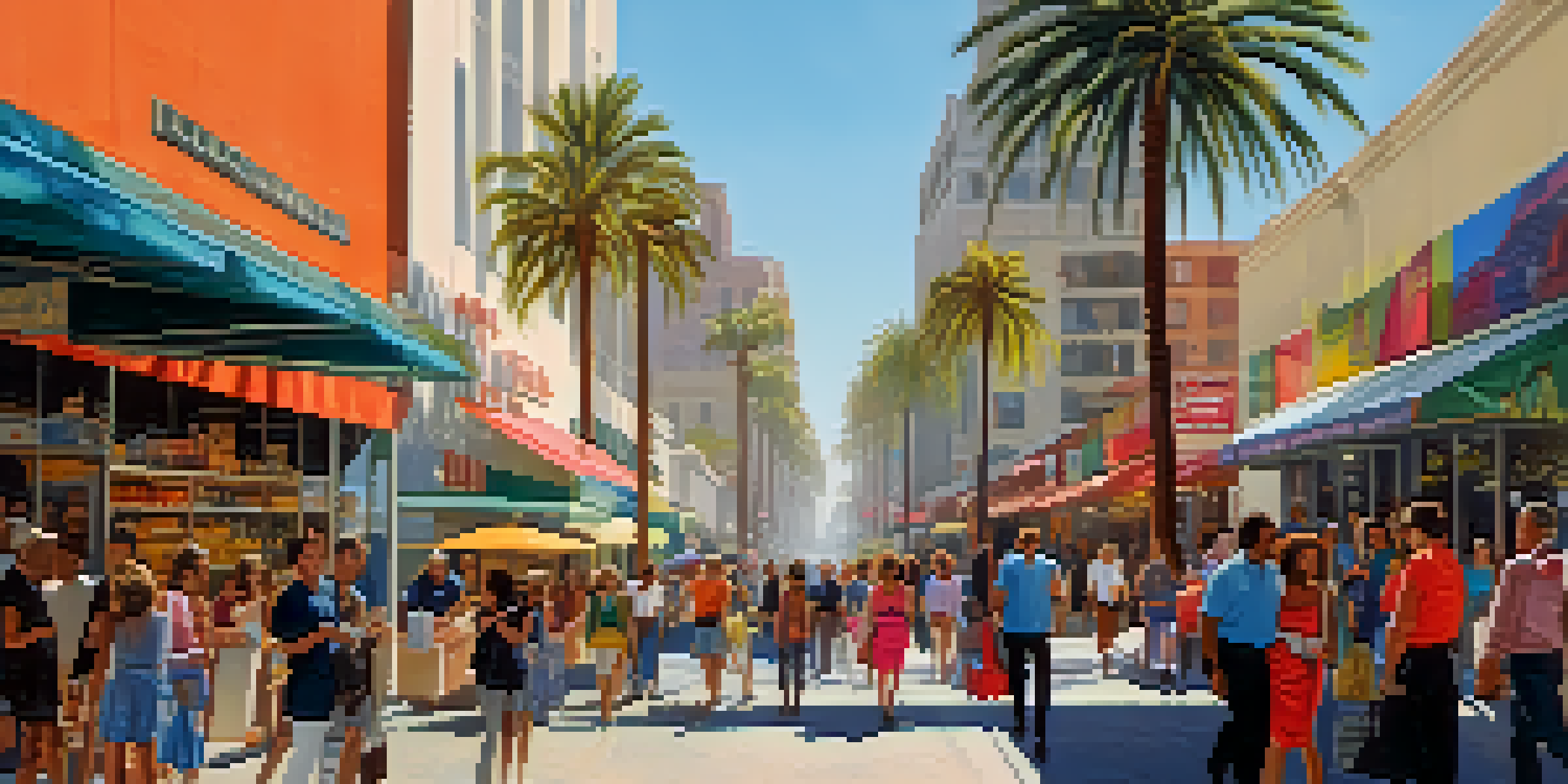 A busy street in Los Angeles with diverse people shopping, palm trees, and modern buildings in the background under bright sunlight.