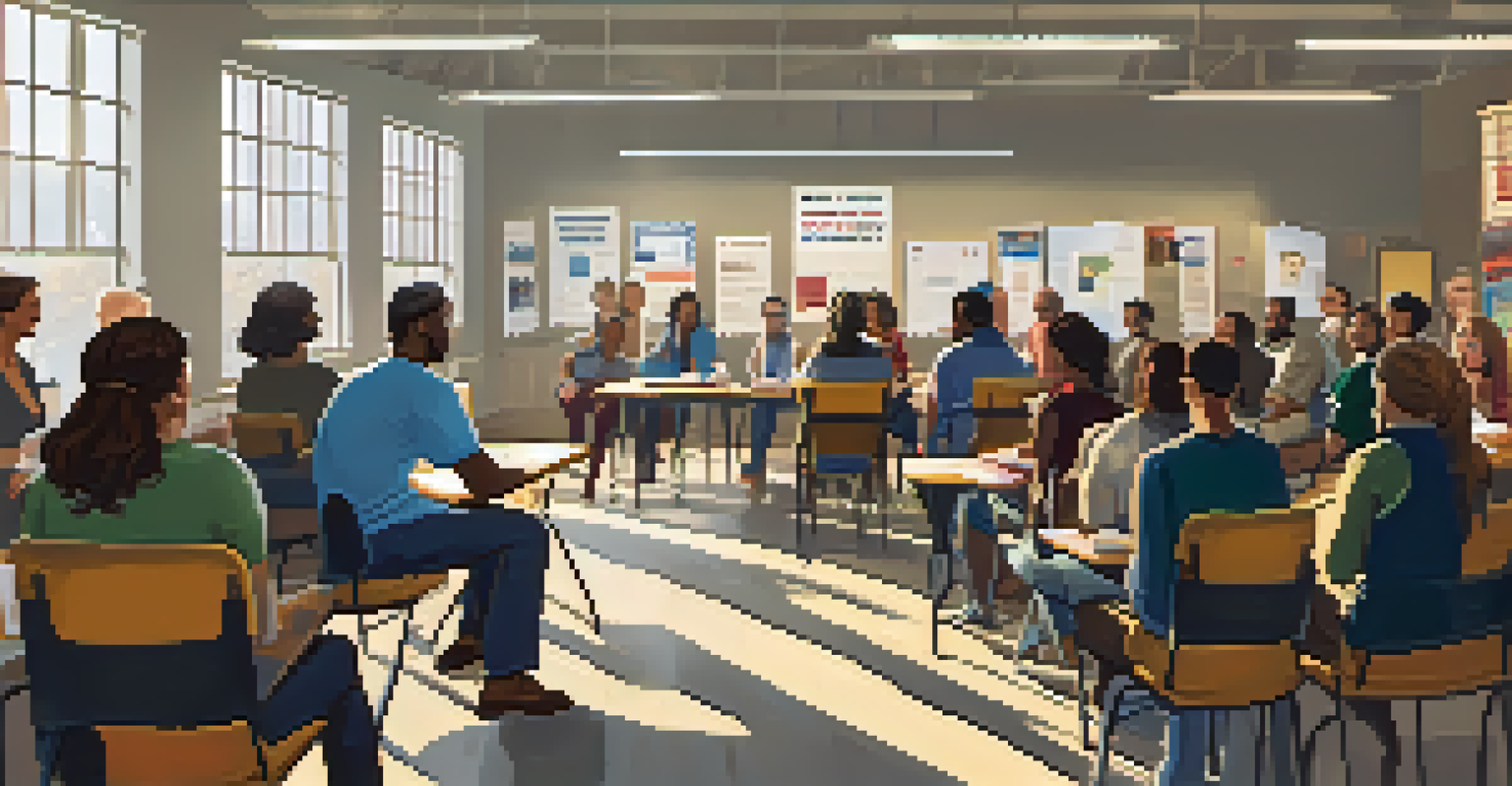 A workshop on voting education, with a facilitator speaking to an engaged audience in a well-lit room.