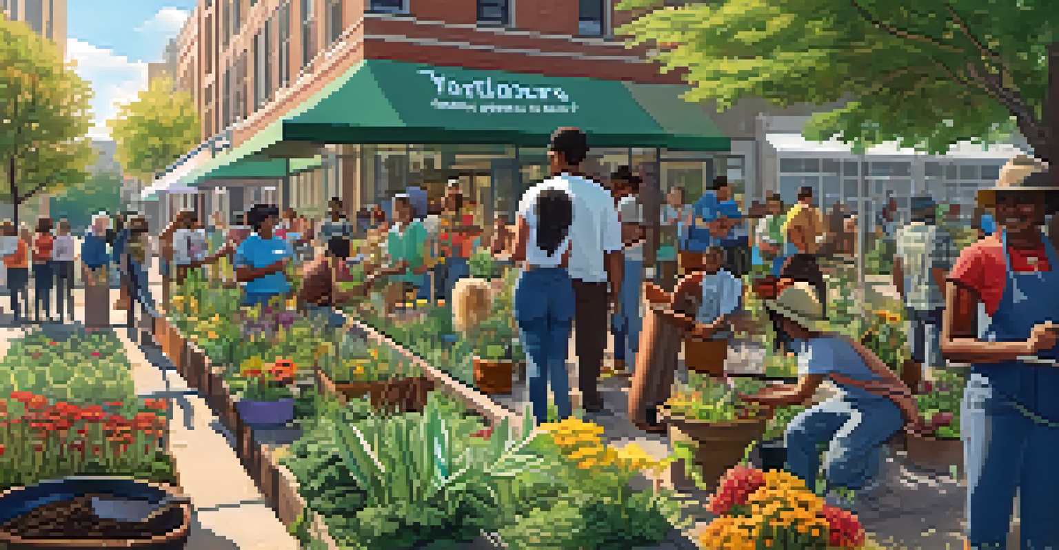 A community gardening event with people planting native plants and sharing gardening tips in bright sunlight.