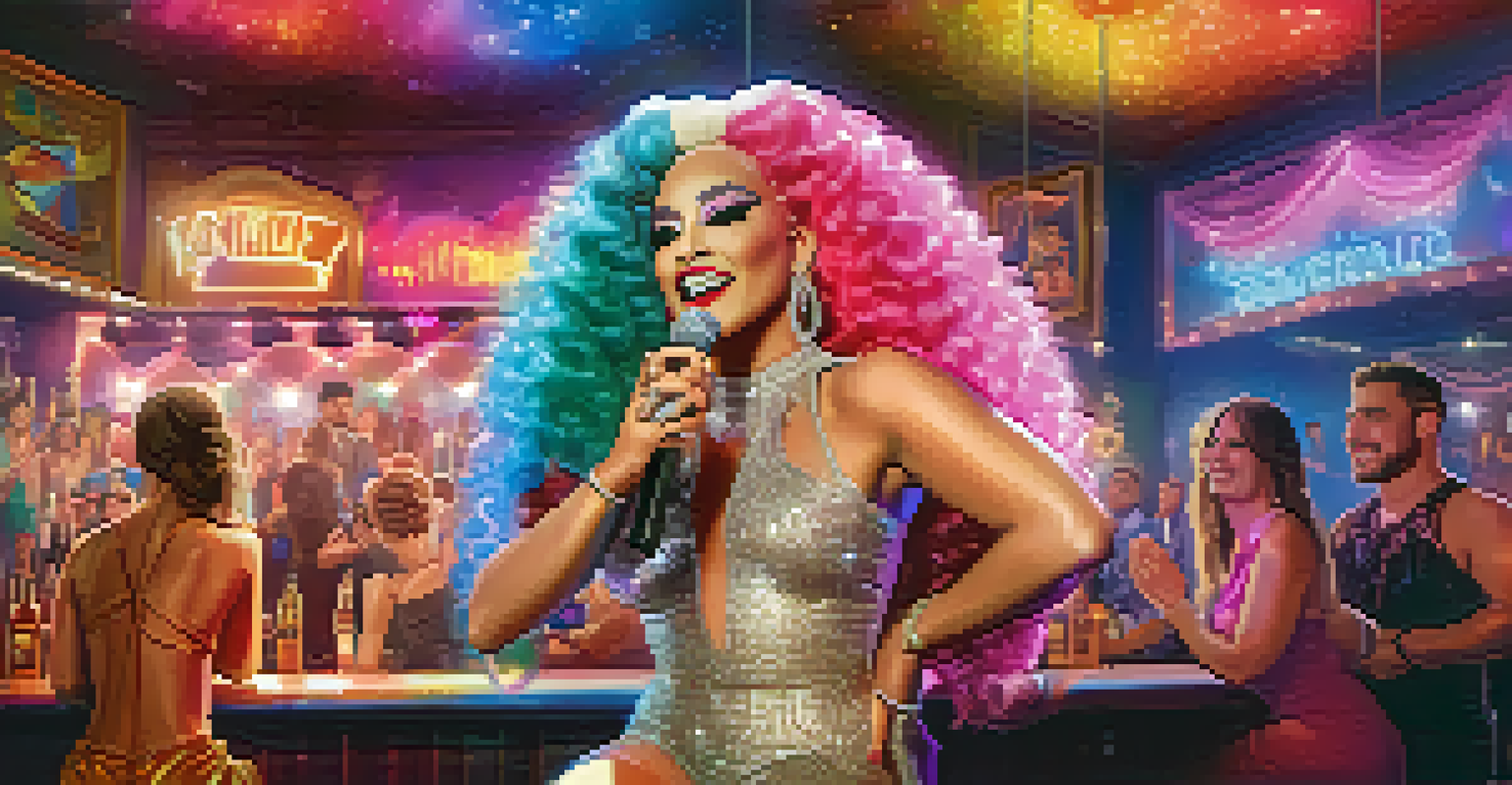 An interior view of an LGBTQ+ bar showcasing a drag performance, with a drag queen on stage and an audience enjoying the show.